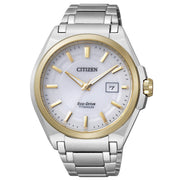 Citizen Super Titanium BM6935-53A - bracciale e cassa acciaio - quadrante bianco con indici e lunetta oro - datario